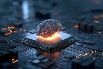 A glowing, illuminated brain rests on a microchip, symbolizing artificial intelligence and technology
