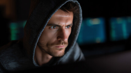 Focused young man in a hoodie intensely working on a computer in a dimly lit room with multiple screens in the background, evoking concentration and digital engagement