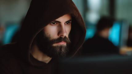 A focused man with a beard wearing a brown hooded sweatshirt, looking intently at a screen in a dimly lit environment with blurred background figures