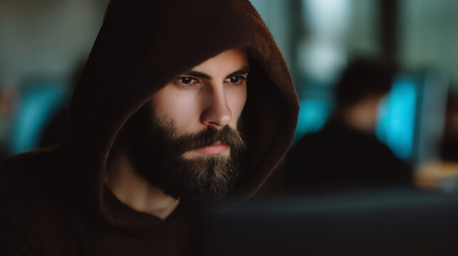 A focused man with a beard wearing a brown hooded sweatshirt, looking intently at a screen in a dimly lit environment with blurred background figures - Powered by Adobe