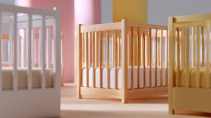 Modern Nursery Scene with Cribs in Soft Color Palette and Natural Wood Finishes for Baby Room Interior Design