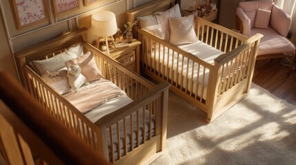 Cozy and Inviting Nursery with Two Wooden Cribs and Soft Natural Light