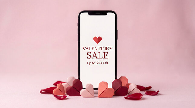 Smartphone displaying a valentine's day sale with a 50% discount surrounded by origami hearts and red rose petals on a pink background for online shopping deals and promotions