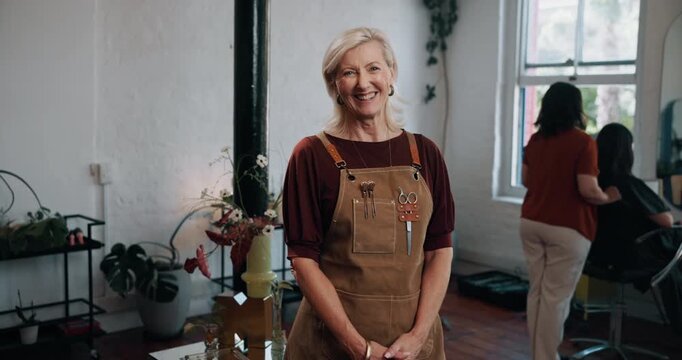 Face, mature woman or entrepreneur in hair salon with pride, customer service or beauty professional. Portrait, hairdresser or business owner with smile in startup, confident or client style makeover