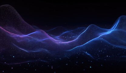 Abstract 3D landscape rendering with glowing blue and purple pixelated waves against a black backdrop