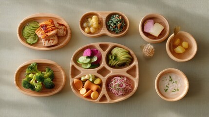 Fresh and Colorful Healthy Meal with Various Fruits and Vegetables Served in Wooden Bowls on a Light Background
