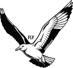 Obraz premium Flying seagull vector illustration bird in flight black and white art eps silhouette