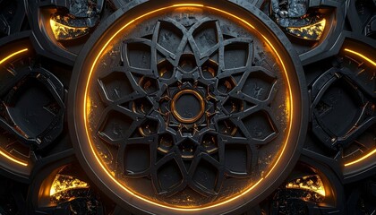 Abstract Dark Geometric Medallion with Golden Light Design