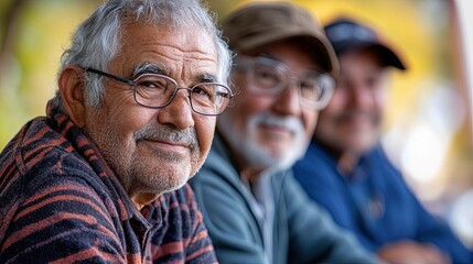 Three smiling senior men enjoying friendship and conversation together outside, perfect for aging well, community, or retirement living campaigns