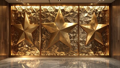 Ornate Golden Stars on Textured Panel Background with Marble Floor
