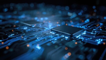 Macro shot of a computer central processing unit (CPU) with bright blue electrical pathways