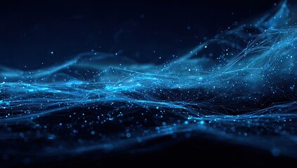 Abstract blue network illustration of interconnected lines and floating particles against a dark backdrop