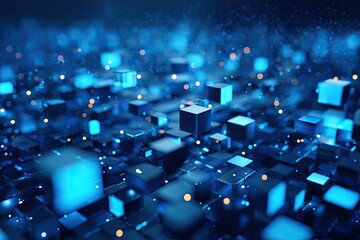 Abstract visualization of illuminated cubes amidst blurred background. Dynamic, digital art