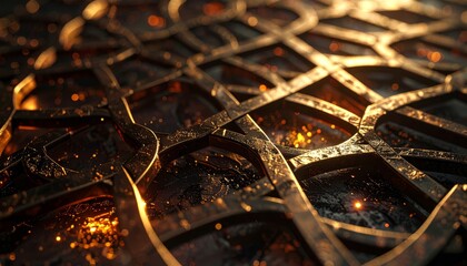 Golden Geometric Pattern with Glowing Sparks and Ornate Metalwork