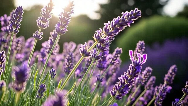 Beautiful lavender flowers glowing in the golden sunlight at sunset in a tranquil field