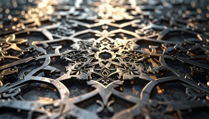 Detailed Ornamental Pattern with Metallic Silver Tone and Dark Stone Background