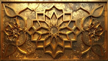 Elegant Gold Geometric Ornament Floral Relief on Textured Panel