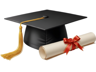Graduation cap and diploma with red ribbon on black background