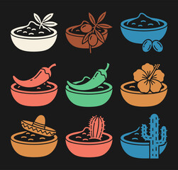 Diverse bean dip culinary icons mexican southwestern mediterranean tex mex and caribbean food illustrations on a dark background with color variations