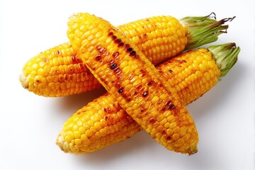 Four ears of grilled corn on a white surface showing husk  kernels