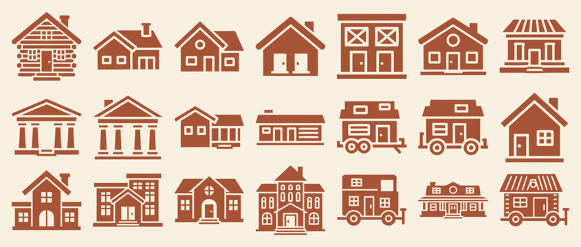 Collection of solid filled house icons featuring suburban homes duplexes villas cabins tiny houses and ranch styles on a ground background