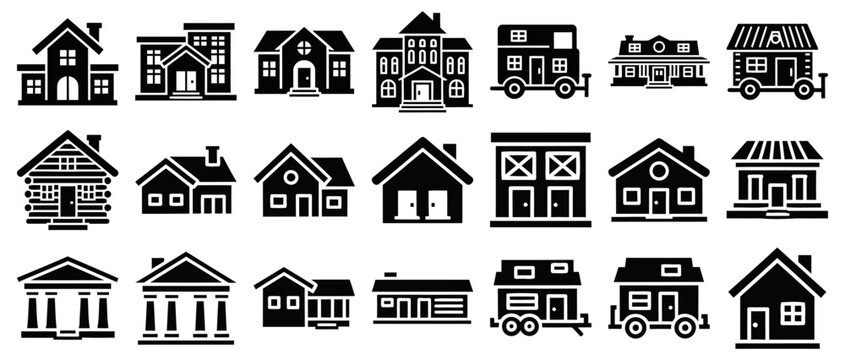 Solid filled icon set featuring diverse house front views suburban home duplex villa cabin tiny house and ranch style residences