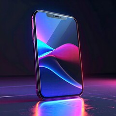 Sleek phone reflects neon waves on a glossy surface