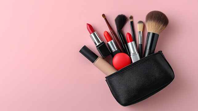 Beauty room essentials makeup application flatlay ideas with soft pink glamour