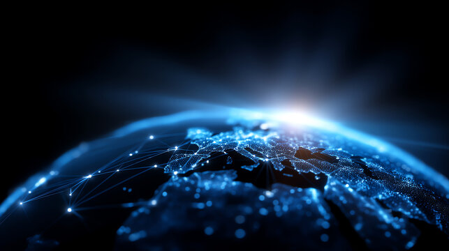 Futuristic digital globe with glowing network connections highlighting Europe and surrounding regions under a bright light source on a dark background