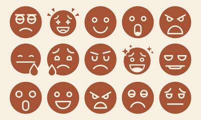 Solid filled audience emotion icons set featuring happy surprised angry sad neutral excited confused and bored expressions on a brown background