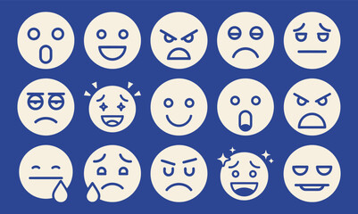 Collection of solid filled audience emotion icons including happy surprised angry sad neutral excited confused and bored presented on a blue background