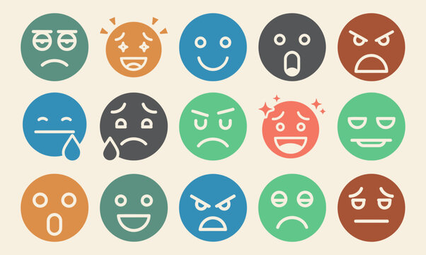 Solid filled icon set showcasing diverse audience emotions including happy surprised angry sad neutral excited confused and bored with a background color variant