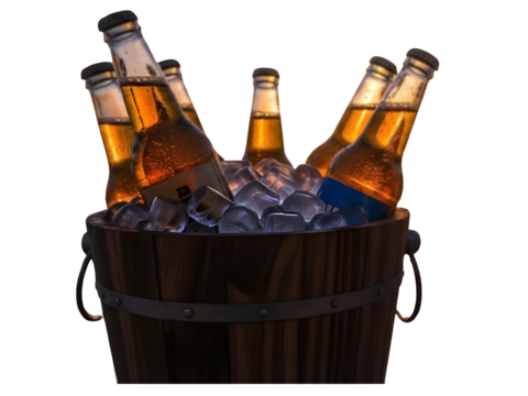 Bottles of amber beverage chilled in a wooden bucket with ice
