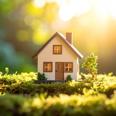 Tiny house, tan, on mossy ground, sun shining through trees