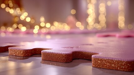 Close-up View of Pink Puzzle Piece on Floor with Soft Bokeh Lights in Background for Creative, Playful Themes
