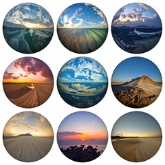 World views in glass globes, sunset and scenic landscapes