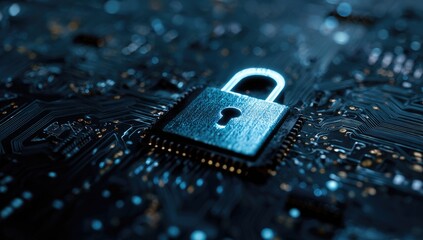 A glowing padlock sits atop a detailed circuit board, illustrating digital safety concepts