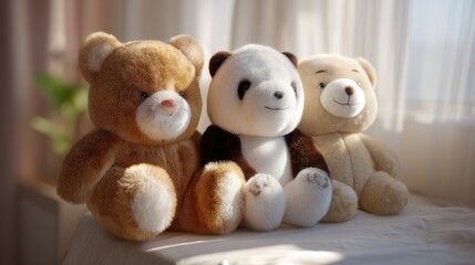Soft and Cuddly Plush Bears and Panda in a Warm Sunny Room with Natural Light