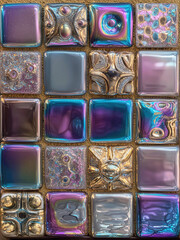 Iridescent Glass Mosaic Tiles with Embossed Golden Details, Abstract Colorful Background