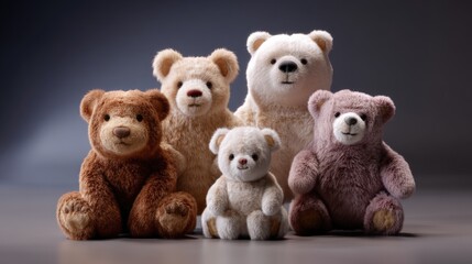Five Adorable Plush Teddy Bears in Soft Colors and Textures Displayed on Gray Background