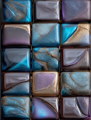Abstract Iridescent Glass Mosaic Tiles in Teal, Purple and Gold, Glossy Textured Background