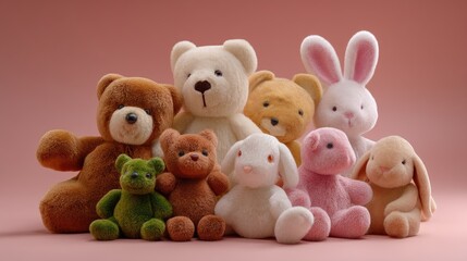 Fototapeta premium Cute Collection of Plush Toys Featuring Bears, Bunnies, and Other Soft Animals on a Pink Background