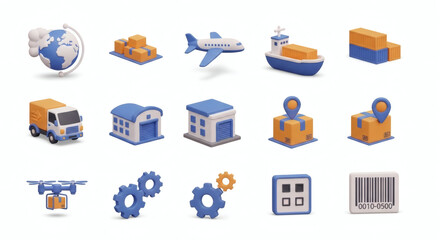 Modern Logistics and Transportation Concept Icons A 3D Collection for Global Shipping, Freight, Warehouse, and Delivery Solutions