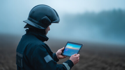 A firefighter in full gear uses a tablet outdoors in a foggy environment, likely monitoring or controlling an operation in low visibility conditions