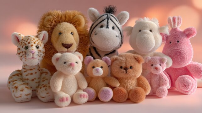 Cute and Colorful Plush Animal Toys for Children Displayed Against a Soft Pink Background - Powered by Adobe