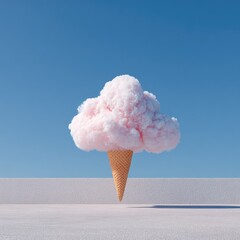 A fantastical image showing a pink, fluffy cotton candy-like cloud atop a waffle cone against a blue sky