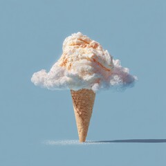 Surreal composition of a cloud-like scoop atop a waffle cone, set against a pastel blue backdrop