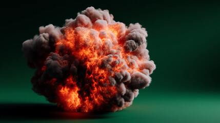 A large, fiery explosion with thick smoke and glowing embers against a dark green background, capturing intense heat and dynamic energy in vivid detail