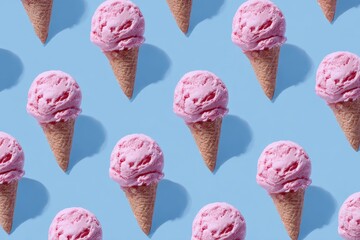 Repeating pattern of pink ice cream scoops on waffle cones against a light-blue background