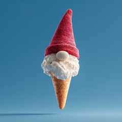 A whimsical ice cream cone resembling a gnome, with a red knitted hat, on a vibrant blue backdrop